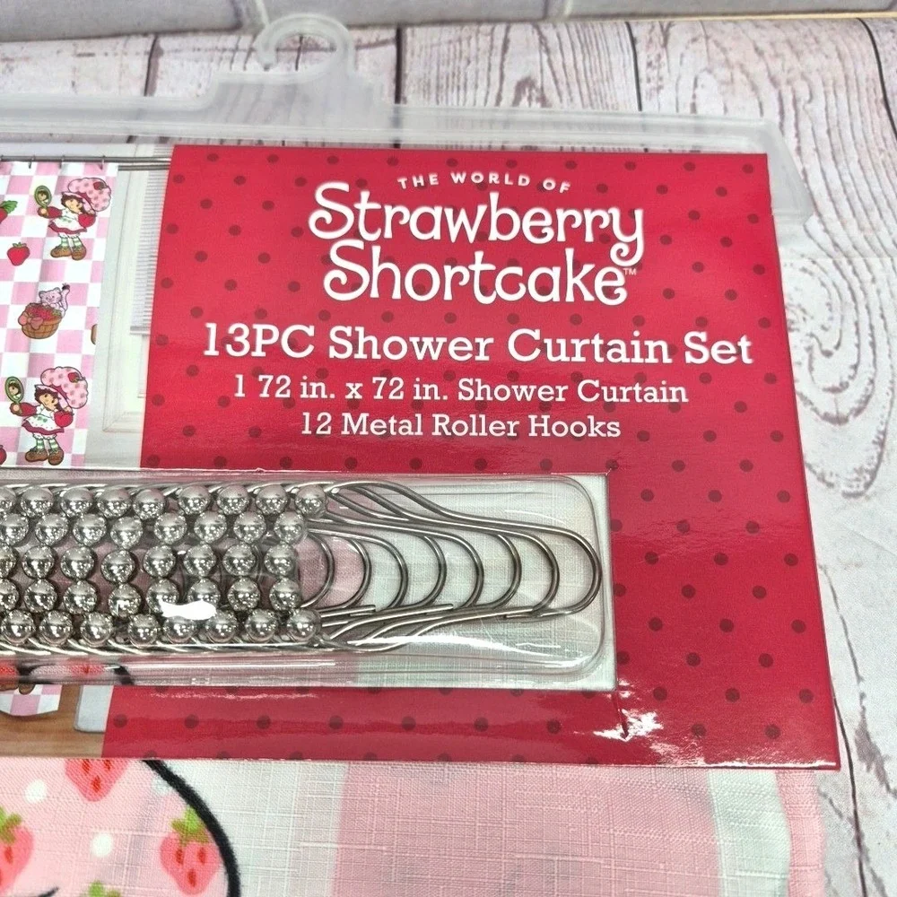 Strawberry Shortcake 13PC Shower Curtain Set Pink Checkered Berry Cute 72x72 NEW